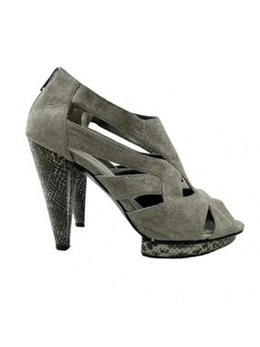 Attitude Strappy Chunky Platform Heels Caged Open Toe Shoe Y2K Faux Suede Grey 7